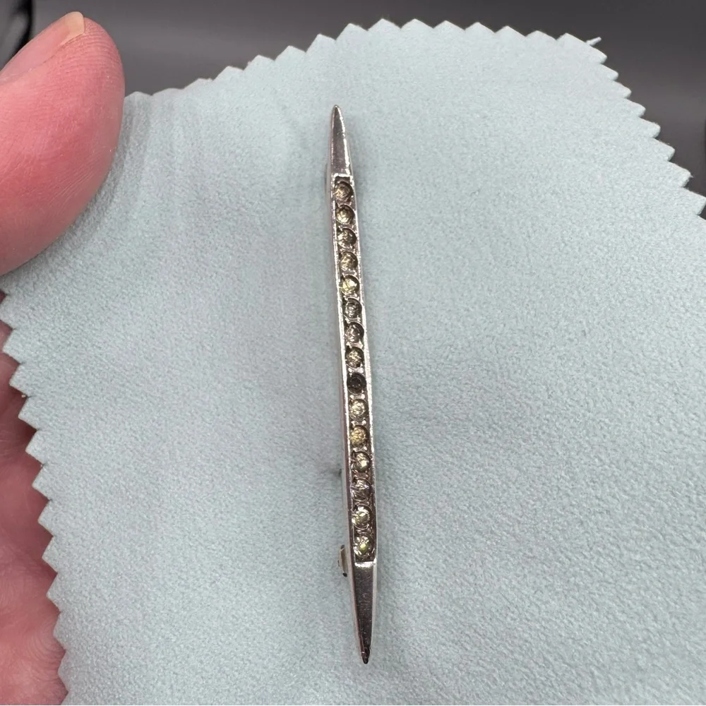 Vintage Art Deco Sterling Silver‎ Bar Pin Brooch with Clear Rhinestones Crystal